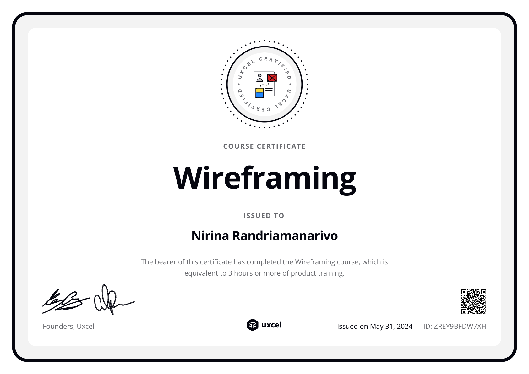 Nirina's certificate